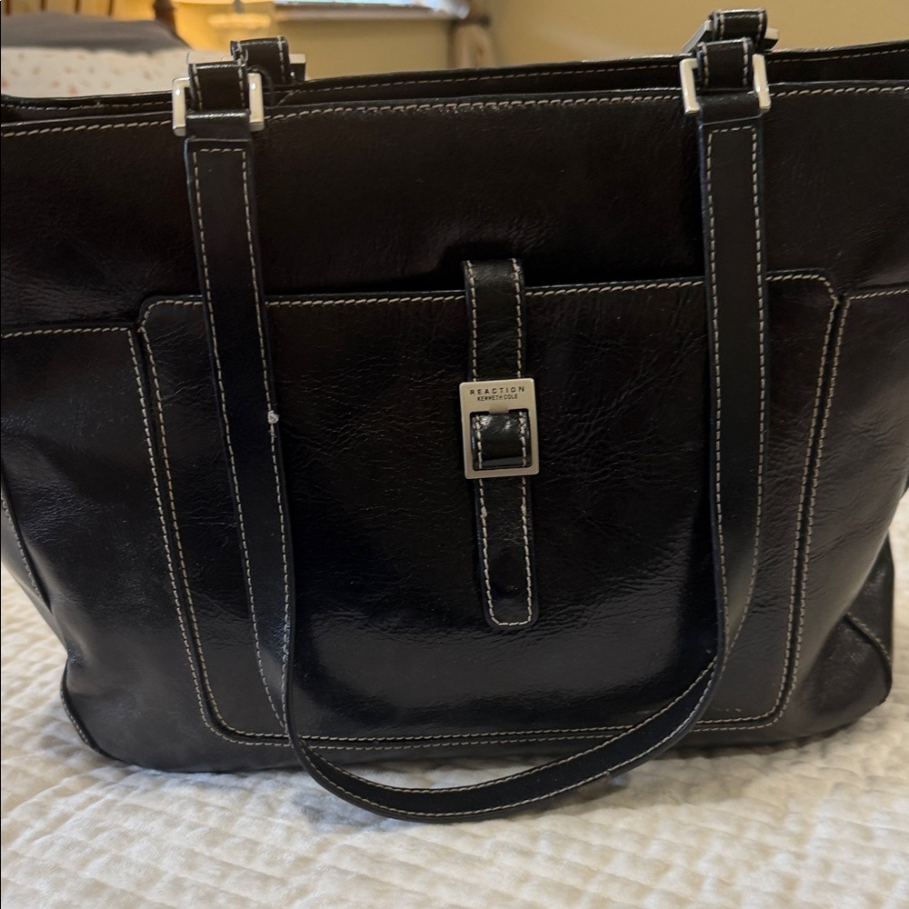 Kenneth Cole Reaction Black Leather Tote with White Stitching and Buckle Accent